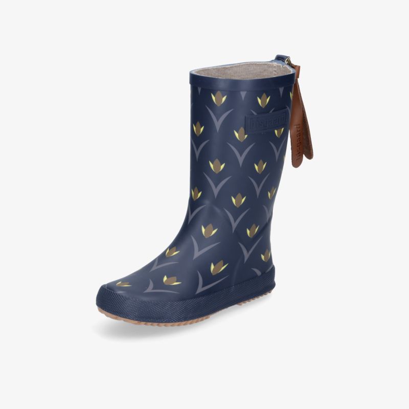 Blaue Gummistiefel mit floralem Muster und praktischer Zuglasche. Wasserdicht und rutschfest für nasses Wetter.