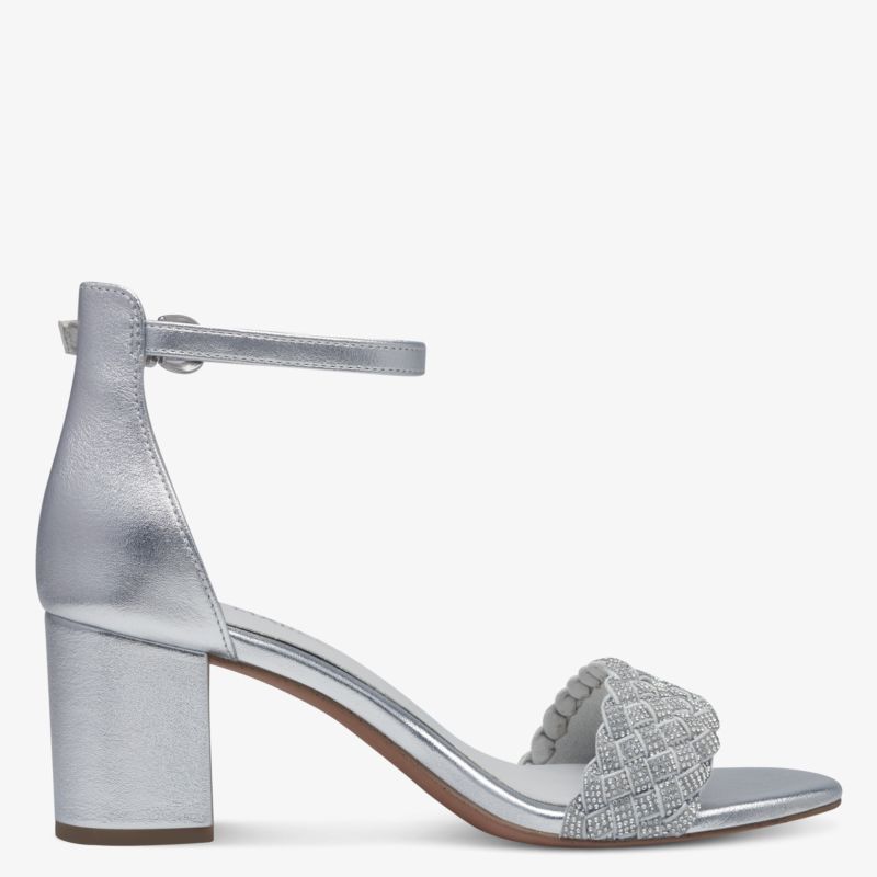 Eleganter silberner Sandalenschuh mit Blockabsatz und verstellbarem Knöchelriemen, komfortabel und modisch