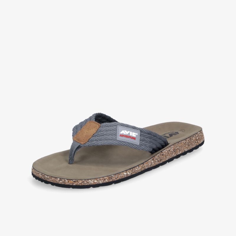 Bequeme graue Zehensteg Sandale mit gepolstertem Fußbett und rutschfester Korksohle ideal für warmes Wetter
