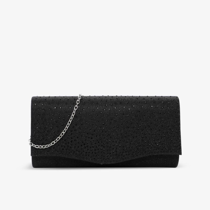 Elegante schwarze Clutch mit glänzender Oberfläche und dezenter Kette, ideal für besondere Anlässe.