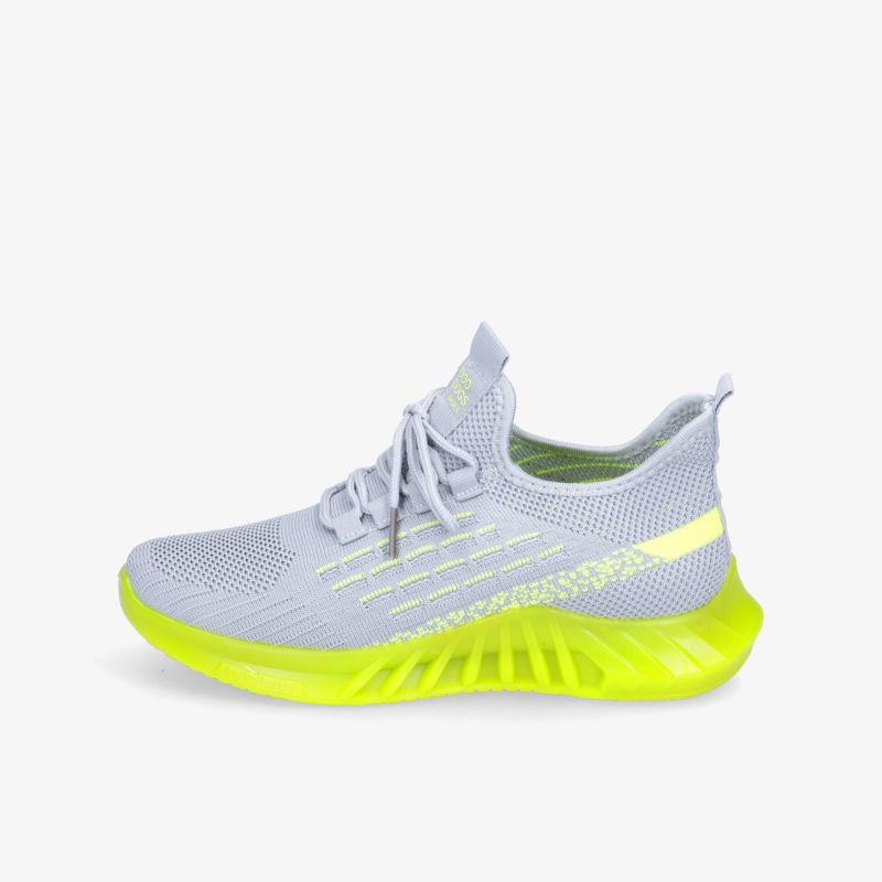 Grauer Sneaker mit neon gelber Sohle, ideal für Sport und Freizeit, bietet Komfort und Stil in einem modernen Design.