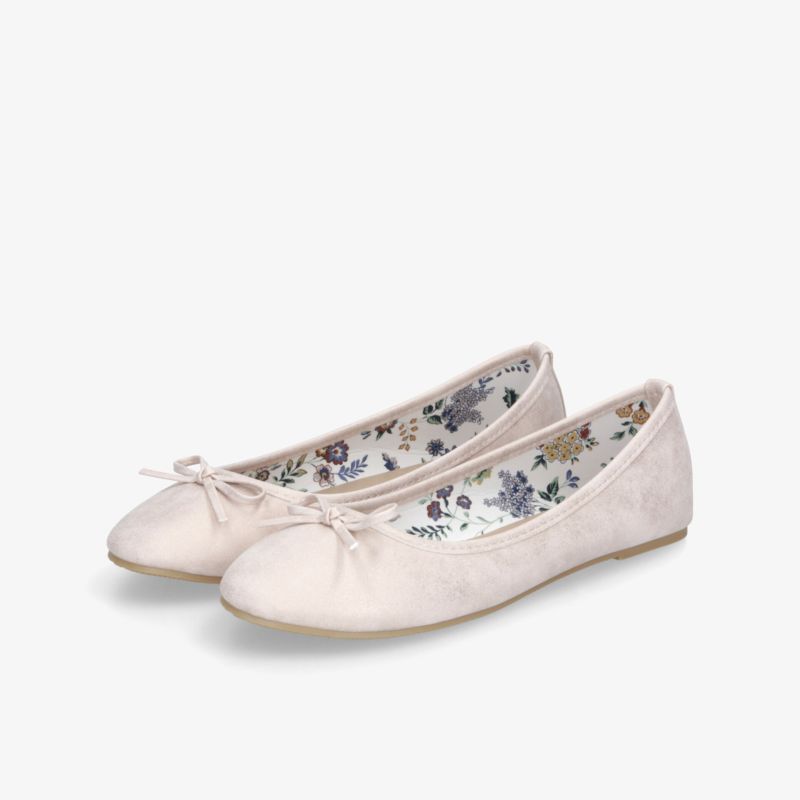 Elegante hellbeige Ballerinas im Paar mit weichem Material, Schleife vorne und floralem Innenfutter, flache und bequeme Schuhe