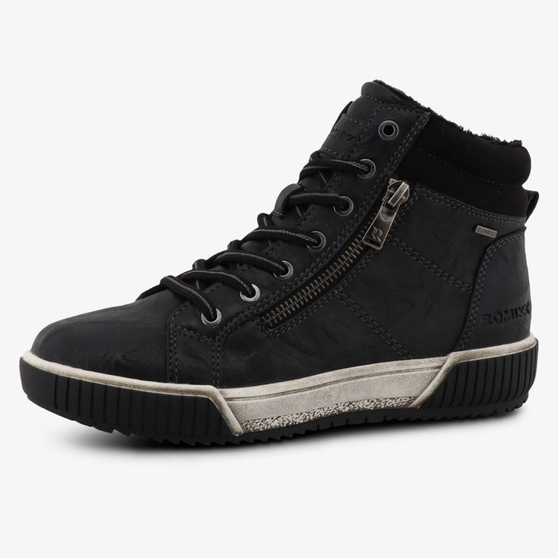 Schwarzer hoher Sneaker mit Reißverschluss und Schnürung, robuste helle Sohle für Komfort und Halt