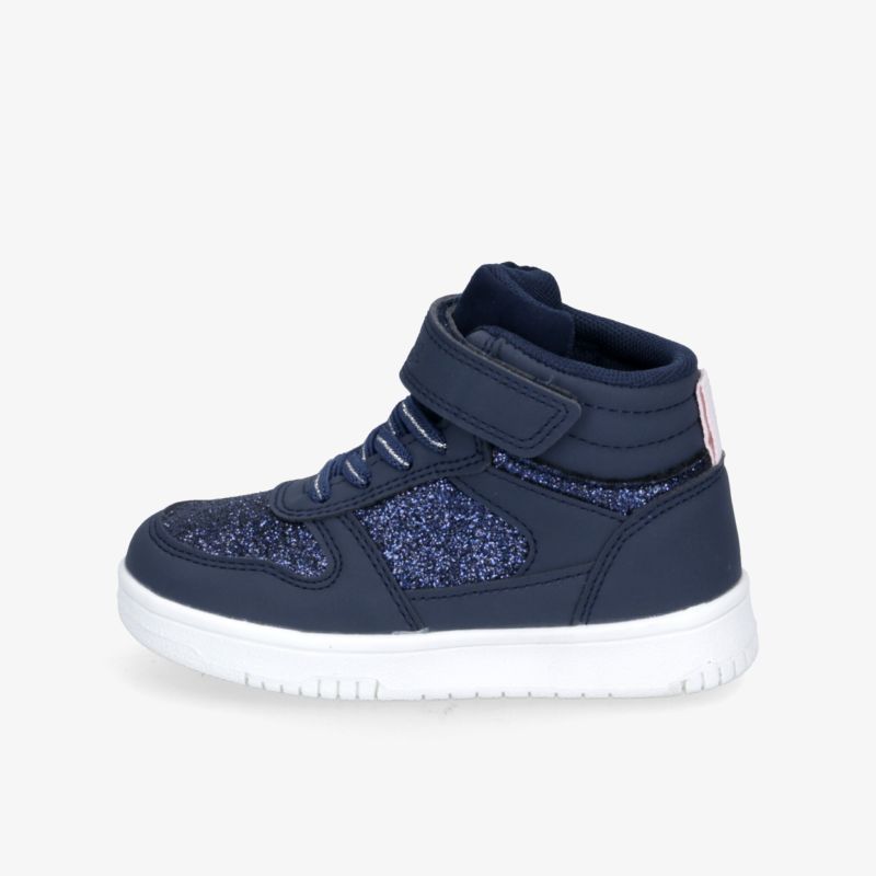 Modernes Design, blauer Schuh mit Klettverschluss und glänzenden Details, ideale Wahl für täglichen Komfort.