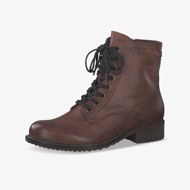 Eleganter brauner Lederstiefel mit Schnürung und stabilem Absatz für Komfort und Stil im Alltag.
