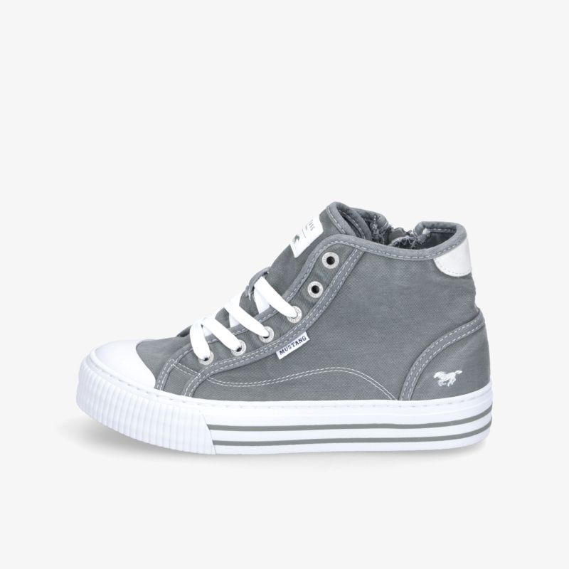 Grauer High-Top-Sneaker mit weißer Kappe und Schnürung, sportliches Design und seitlichem Logo, bequeme Passform.