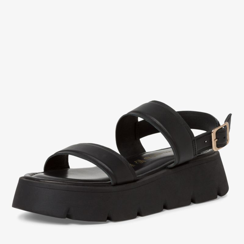 Stilvolle schwarze Plateau-Sandale mit breiten Riemen und Schnalle, perfekt für trendige Looks.