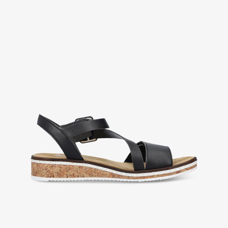 Schwarze Sandale mit Korksohle und verstellbarem Riemen für hohen Tragekomfort und modischen Stil