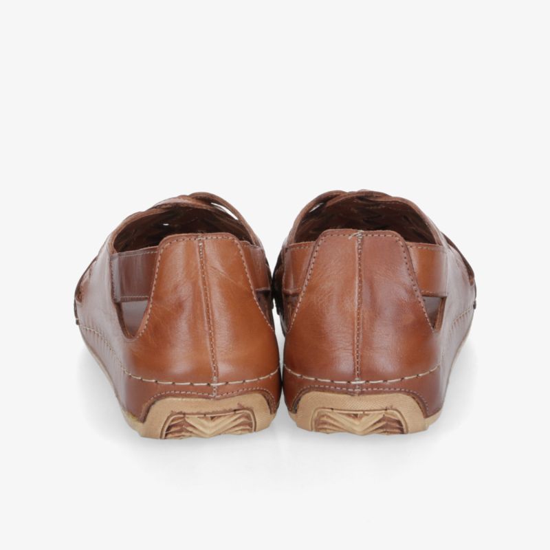 Rückansicht von braunen Lederschuhen mit flexiblem Profil und komfortabler Softsohle, eleganter und bequemer Stil