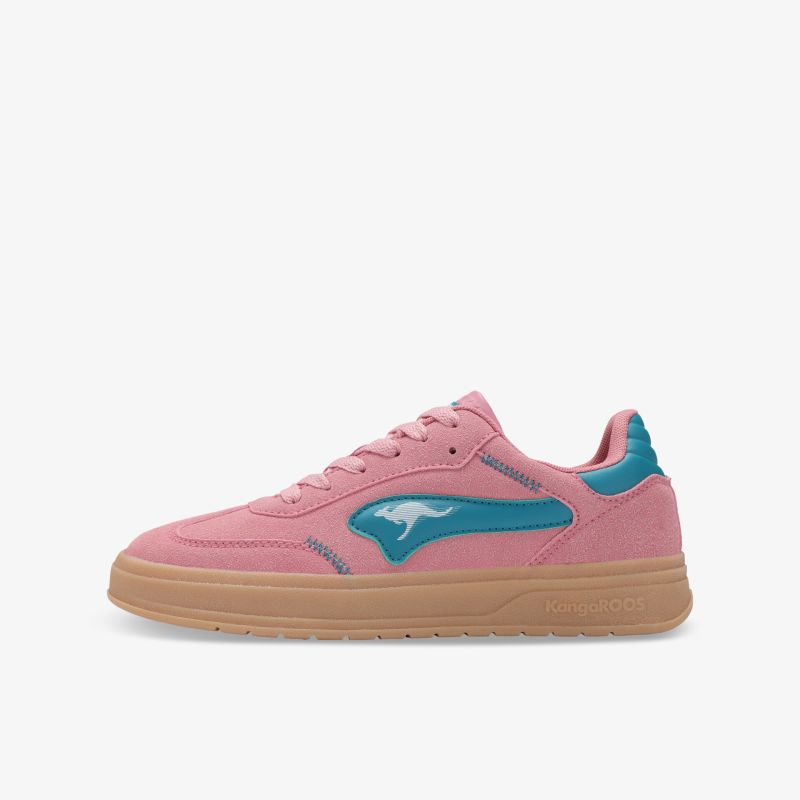 Moderner rosa-blauer Sneaker mit robuster Sohle und gepolstertem Einstieg für hohen Tragekomfort seitlich sichtbar