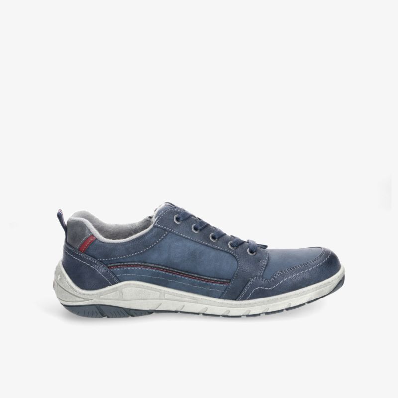 Blauer Freizeit-Schuh mit flexibler Sohle und gepolstertem Rand für hohen Tragekomfort, seitliche Ansicht