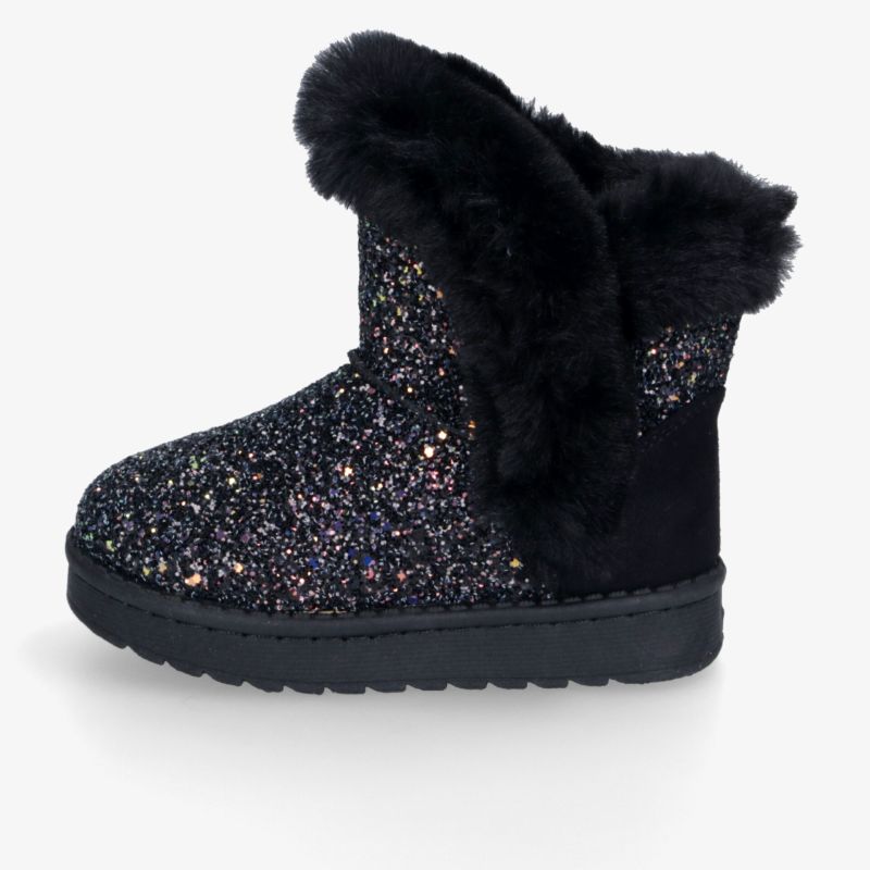 Eleganter schwarzer Glitzerstiefel mit weichem Fell, bequemer Sohle und modischem Design für hohen Tragekomfort