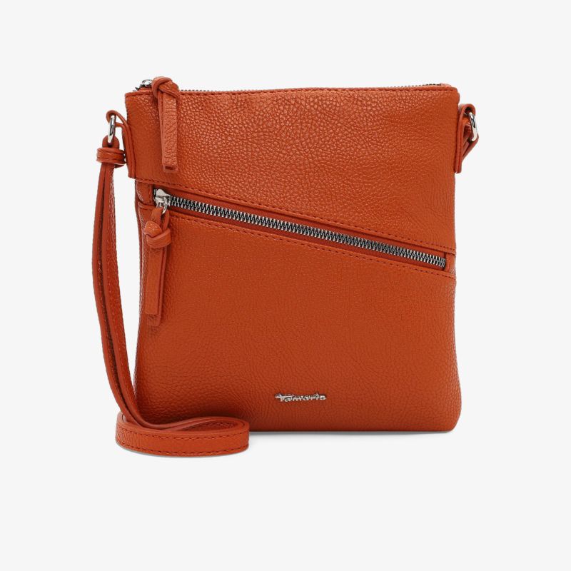 Orangefarbene kompakte Umhängetasche mit Reißverschluss und verstellbarem Riemen, klar sichtbare Frontansicht