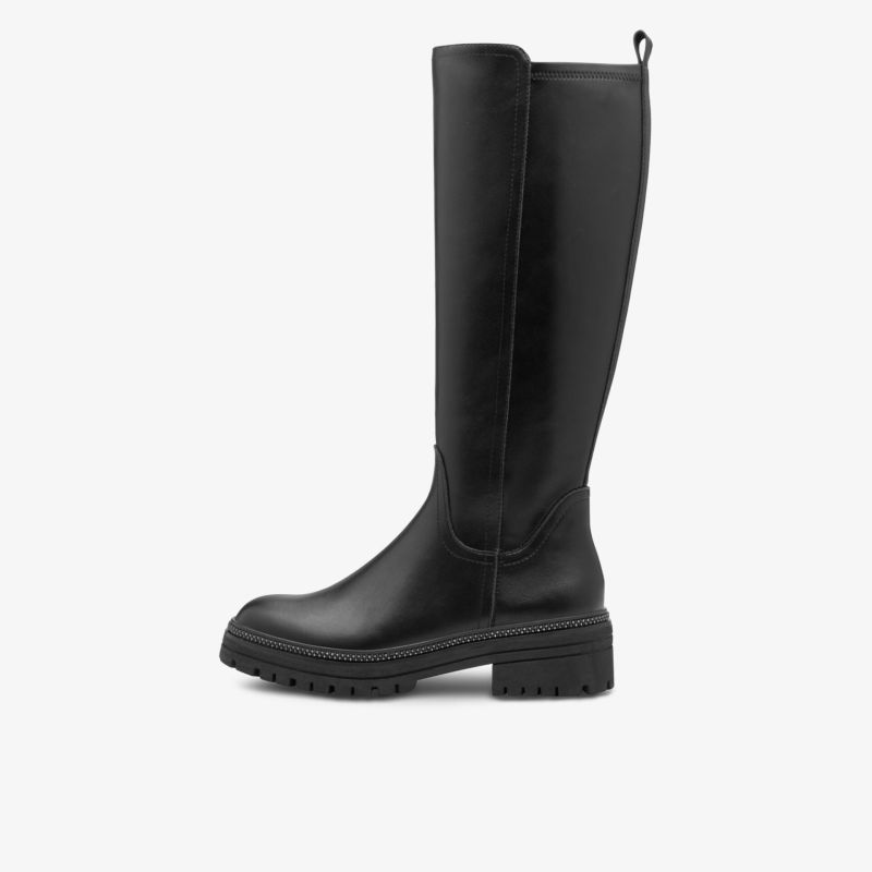 Eleganter kniehoher schwarzer Stiefel mit robuster Sohle und komfortablem Sitz, seitliche Ansicht