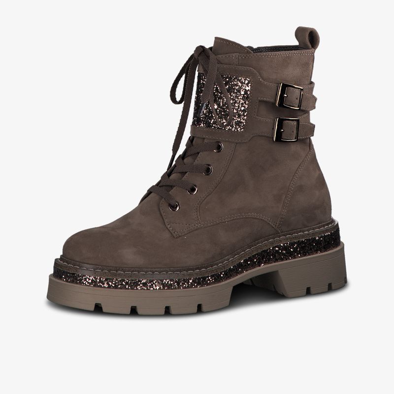 Brauner Schnürstiefel mit Glitzerakzenten und Schnallen für stilvolles und robustes Auftreten.