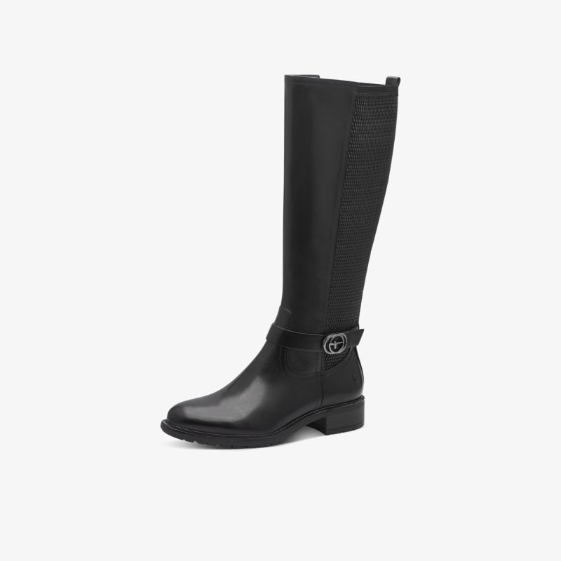 Schwarzer knielanger Stiefel mit robustem Absatz und elegantem, strapazierfähigem Material seitlich dargestellt