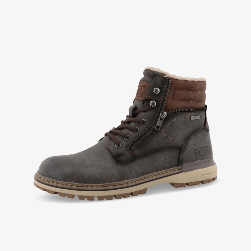 Robuster grauer Lederstiefel mit braunem Obermaterial, warm gefüttert, rutschfeste braune Sohle, seitliche Reißverschlussöffnung