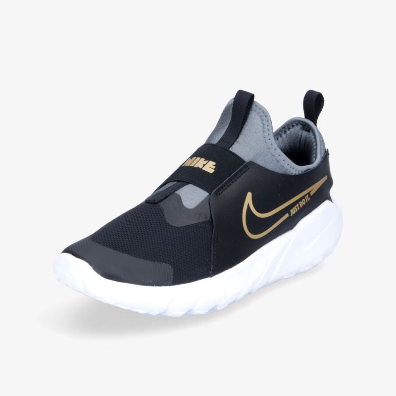 Schwarzer Sneakerschuh mit goldenen Akzenten und weißer Sohle für ultimativen Komfort und Stil.