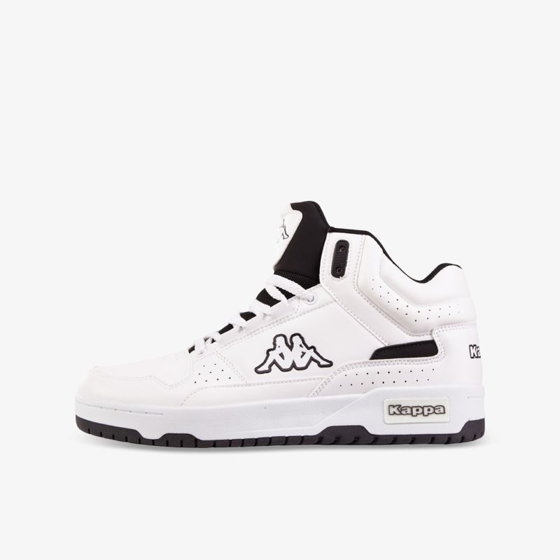 Moderner weißer Sneaker mit hoher Seitenansicht, geprägtem Logo und stilvoller schwarzer Akzentuierung.