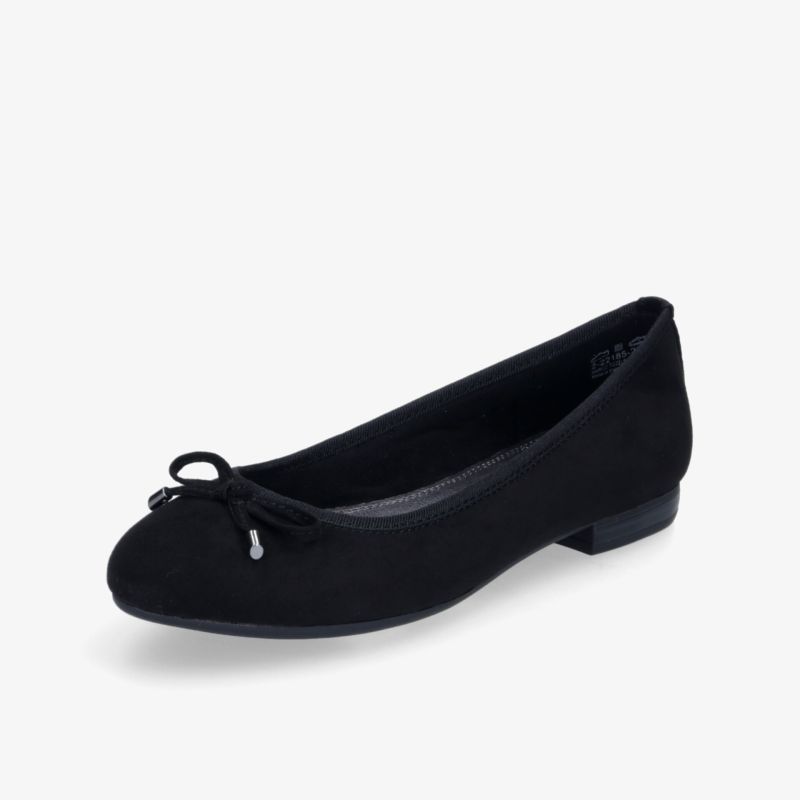 Eleganter schwarzer Ballerina-Schuh mit Schleifendetail und niedrigem Absatz, geeignet für jeden Anlass.