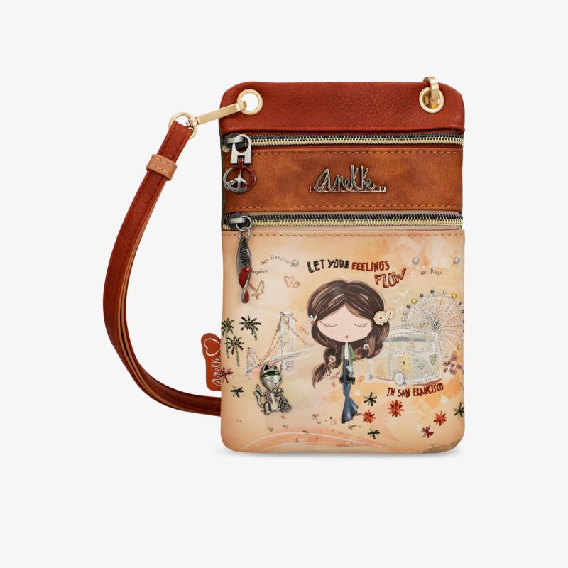 Handytasche mit praktischem Schulterriemen und Reißverschlüssen, braunes Design mit farbenfrohem Strandmotiv