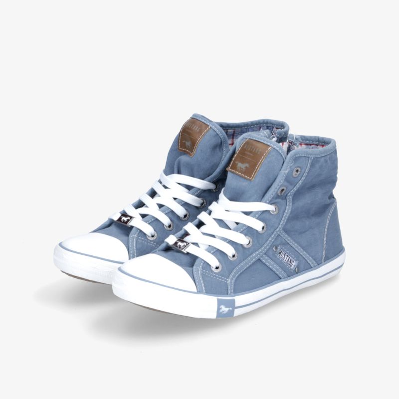 Blaue High-Top-Sneaker aus robustem Leinen mit weißen Schnürsenkeln und trendigem Design.