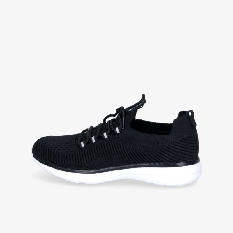 Schwarzer leichter Sportschuh mit atmungsaktivem Material und flexibler weißer Sohle, klare seitliche Ansicht