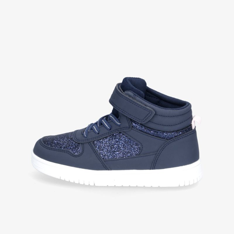 Moderner blauer High-Top-Sneaker mit Klettverschluss und flexibler, weißer Sohle für optimalen Tragekomfort.
