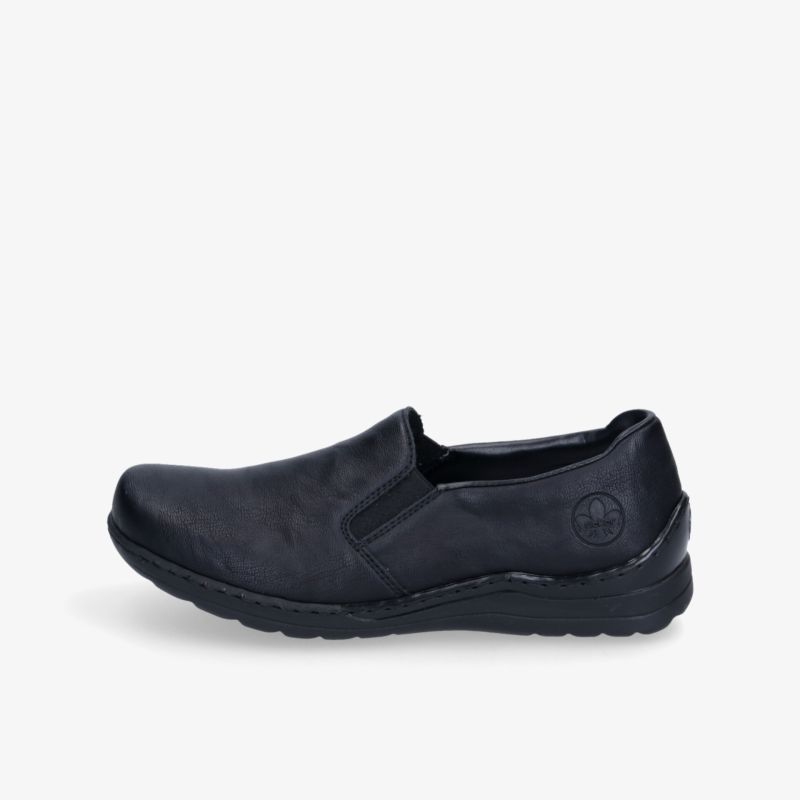 schwarzer slip-on schuh mit elastischem einsatz, rutschfester sohle und bequemem design für den alltag