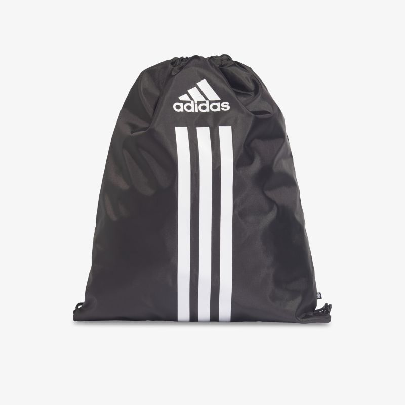 Adidas Turnbeutel in Schwarz mit ikonischen weißen Streifen und Kordelzug, ideal für Sport und Freizeit.