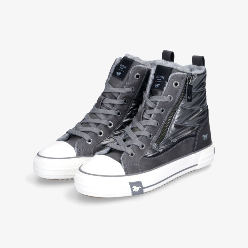 Stylische graue High-Top-Sneaker mit Reißverschlüssen und weißer Sohle, ideal für streetwear und bequemes Gehen.