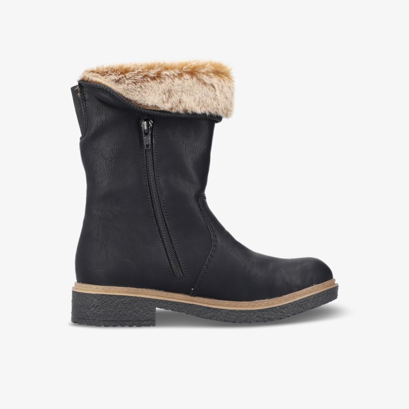 Warmer schwarzer Stiefel mit flauschigem Fellbesatz und seitlichem Reißverschluss für Komfort und sicheren Halt