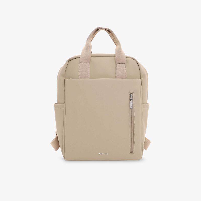 Beiger Rucksack mit praktischem Reißverschluss und gepolsterten Trägern, robust und vielseitig nutzbar