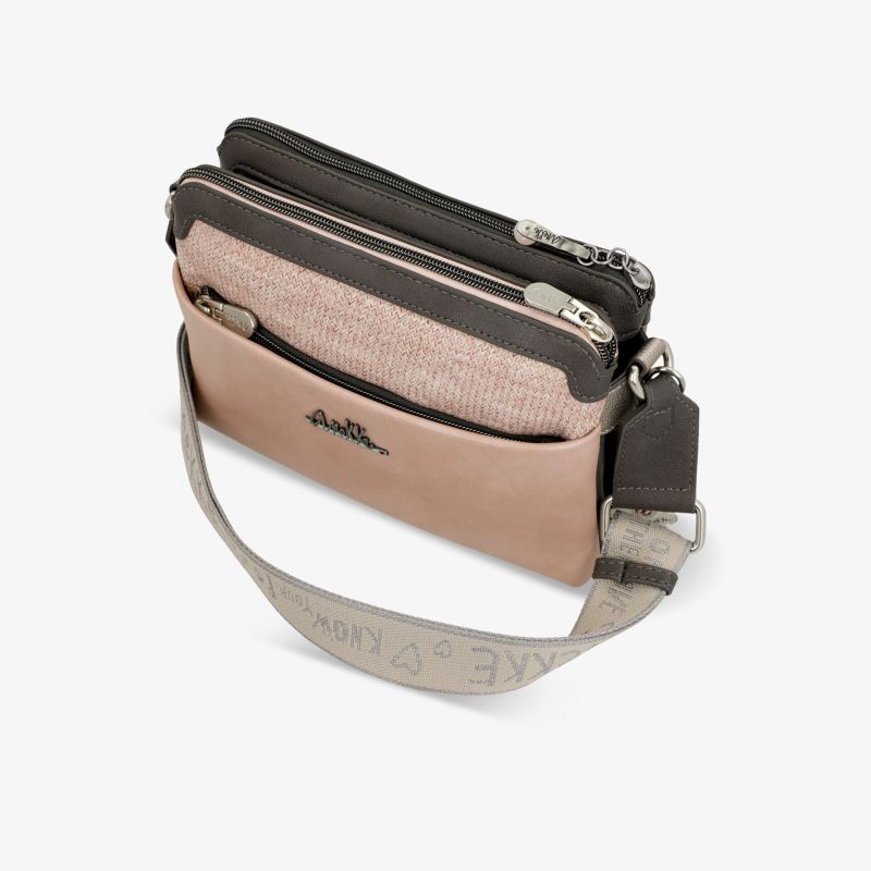 Moderne Umhängetasche mit drei praktischen Reißverschlussfächern und verstellbarem Schultergurt in Beige und Schwarz