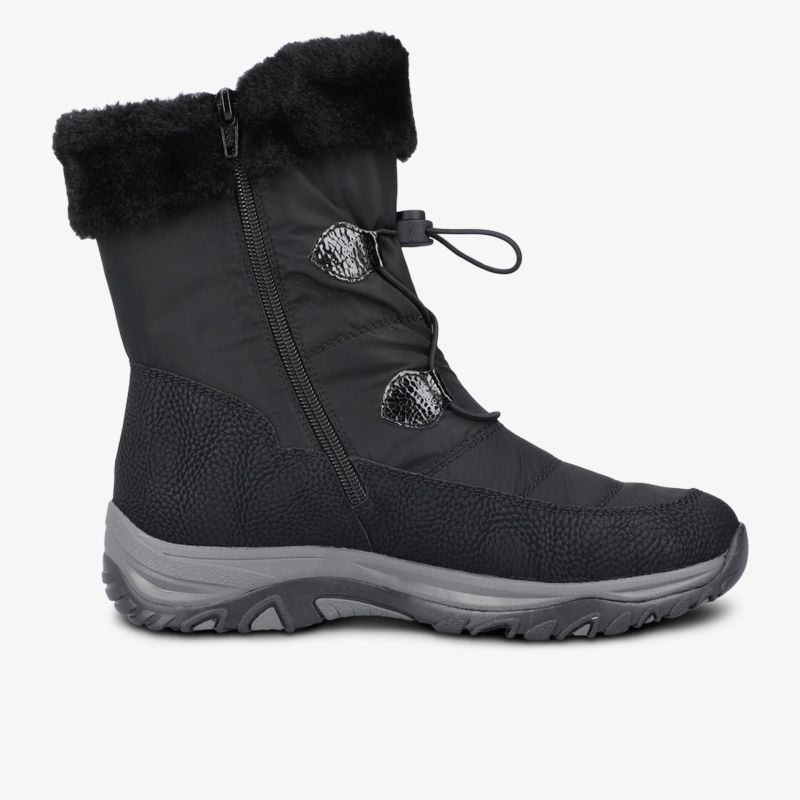 Schwarzer Winterstiefel mit warmem Fellrand, seitlichem Reißverschluss und robuster Profilsohle für Komfort