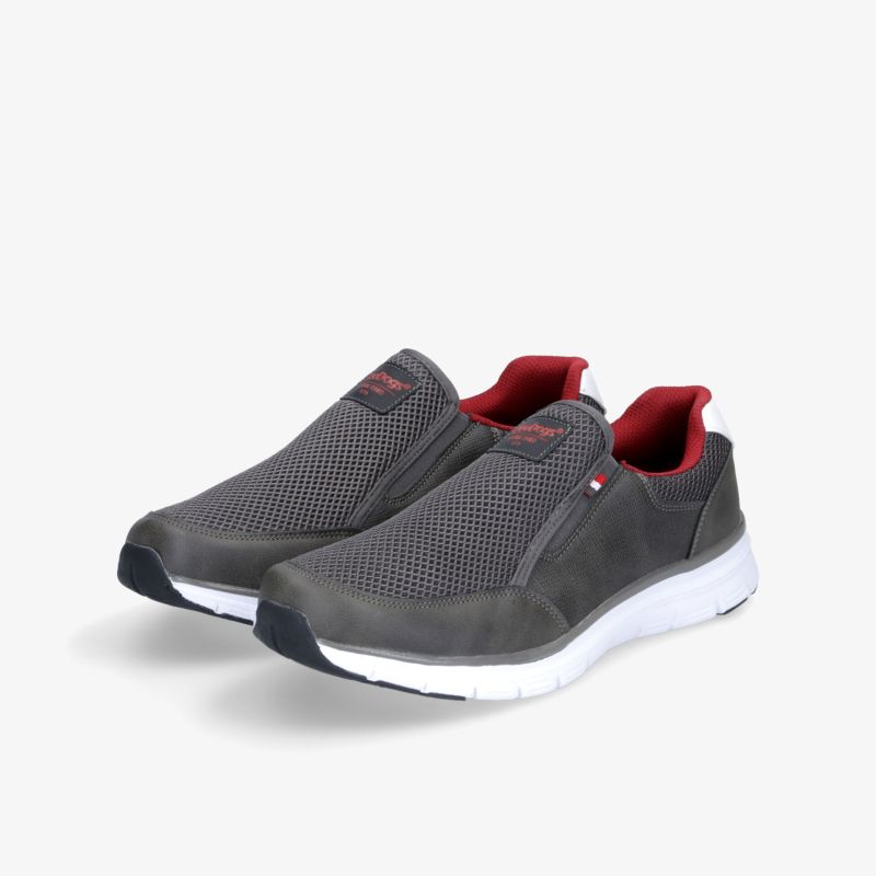 Graue Slip-On-Sneaker mit atmungsaktivem Mesh-Obermaterial und bequemer Passform.