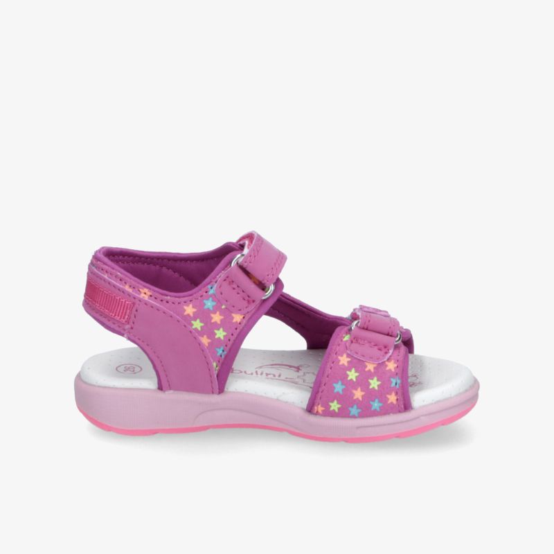 Bequeme pinke Kinder-Sandale mit bunten Sternchen, verstellbaren Klettverschlüssen und rutschfester Sohle