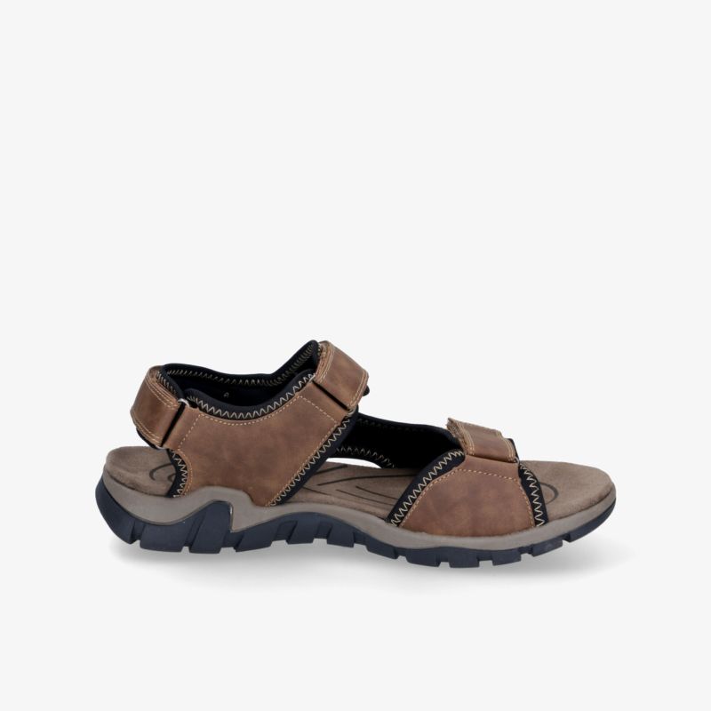 Bequeme braune Sandale mit verstellbaren Riemen und rutschfester robuster Sohle, seitliche Ansicht