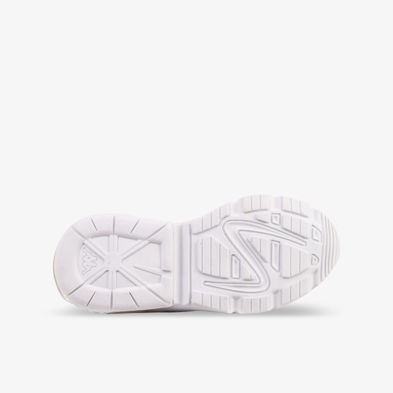 Robuste und rutschfeste weiße Schuhsohle mit modernem Profil für optimalen Halt und Komfort.