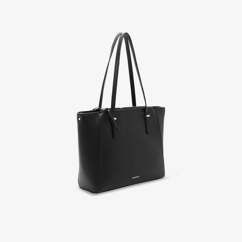 Elegante schwarze Tasche mit großem Fassungsvermögen und stabilen Schulterriemen in schräger Vorderansicht