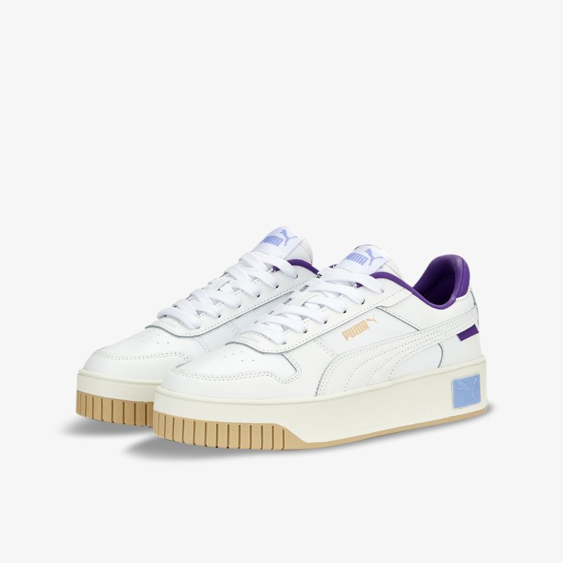 Weiße Turnschuhe mit Plateau und lila Details, modisch und bequem für den Alltag.