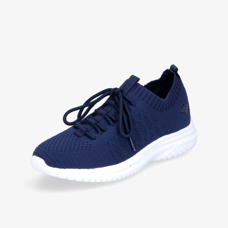 Bequemer blauer Sneaker mit weißer flexibler Sohle und atmungsaktivem Obermaterial in modernem Design.