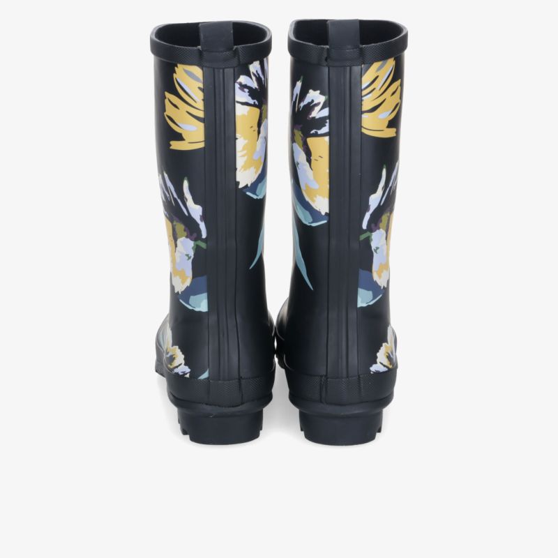 Schwarze Regenstiefel mit farbigem Blumenmuster, robust und wasserdicht, Rückansicht