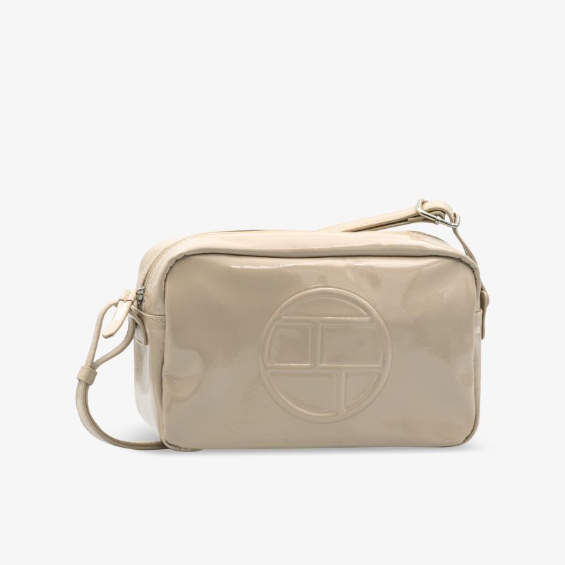 Beige Umhängetasche aus feinem Leder mit dezentem Logo, kompakt und funktional, verstellbarer Riemen