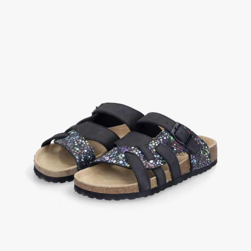 Komfortable schwarze Sandalen mit verstellbaren Riemen und glitzernden Details, gepolsterte Innensohle und rutschfeste Sohle