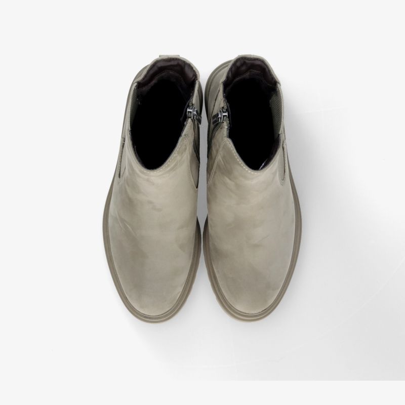Graue Stiefeletten mit Reißverschluss, rundem Design und robustem, hochwertigem Material von oben fotografiert