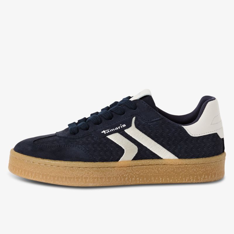 Dunkelblauer Sneaker mit weißem Seiten-Detail und beiger Gummisohle für sportlichen Komfort
