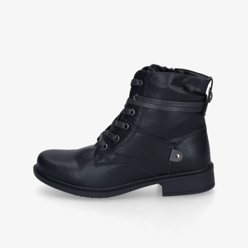 robuster schwarzer Lederstiefel in klarer Seitenansicht mit robuster Sohle und Komfortmerkmalen