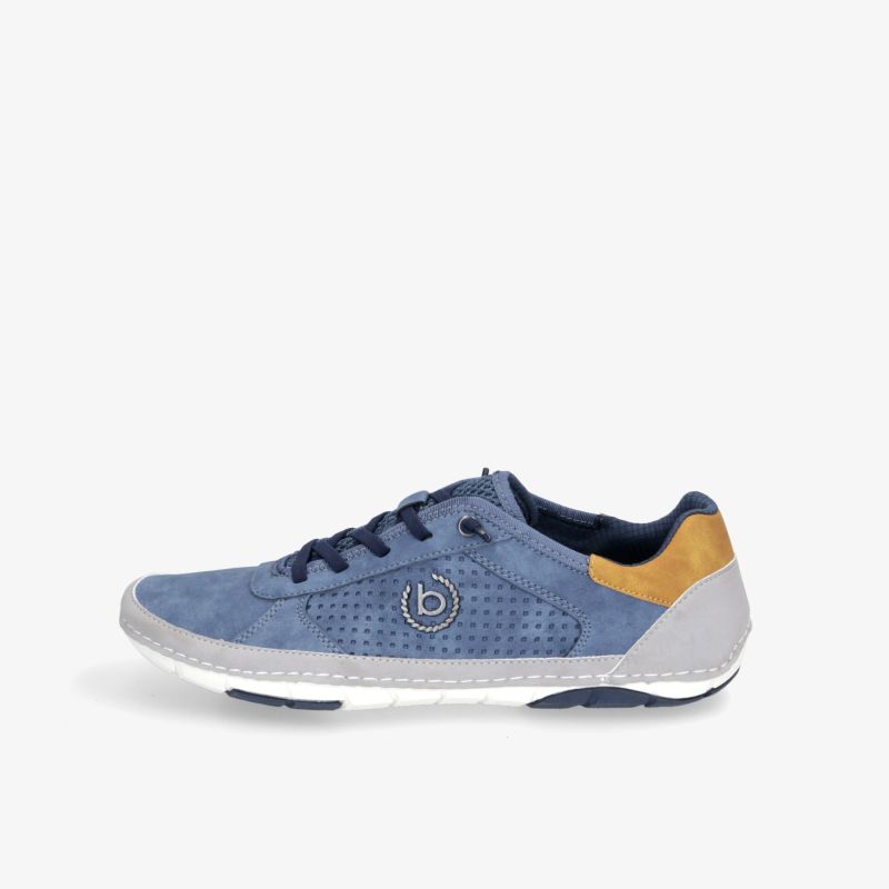 Stylischer blauer Sneaker mit Kontrastelementen und markantem Logo, ideal für Freizeit und Alltag.