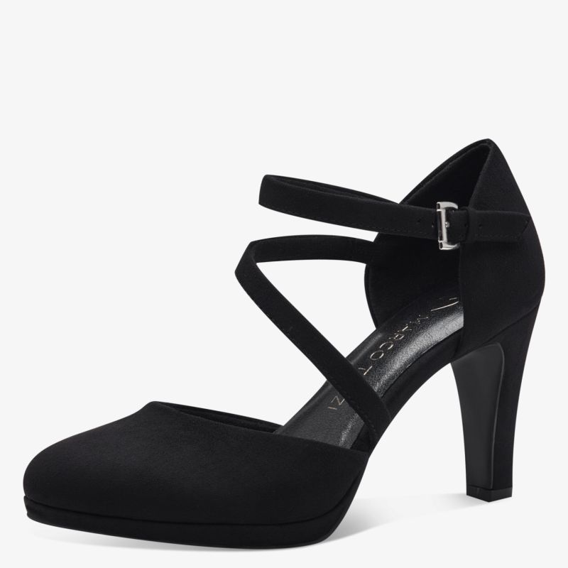 Eleganter schwarzer Pumps mit hohem Absatz und raffinierten Riemen, geschlossene Spitze, modisch und bequem